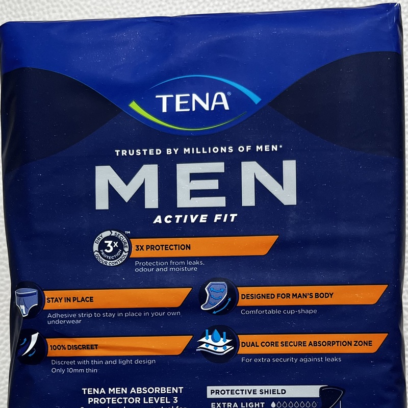 KUVA 2: Tena Men Active Fit  16 kpl, myydään  pakettina  tai yksitttäin. 
Varma ja imukykyinen suoja miesten keskivaikeaan ja vaikeaan virtsankarkailuun.